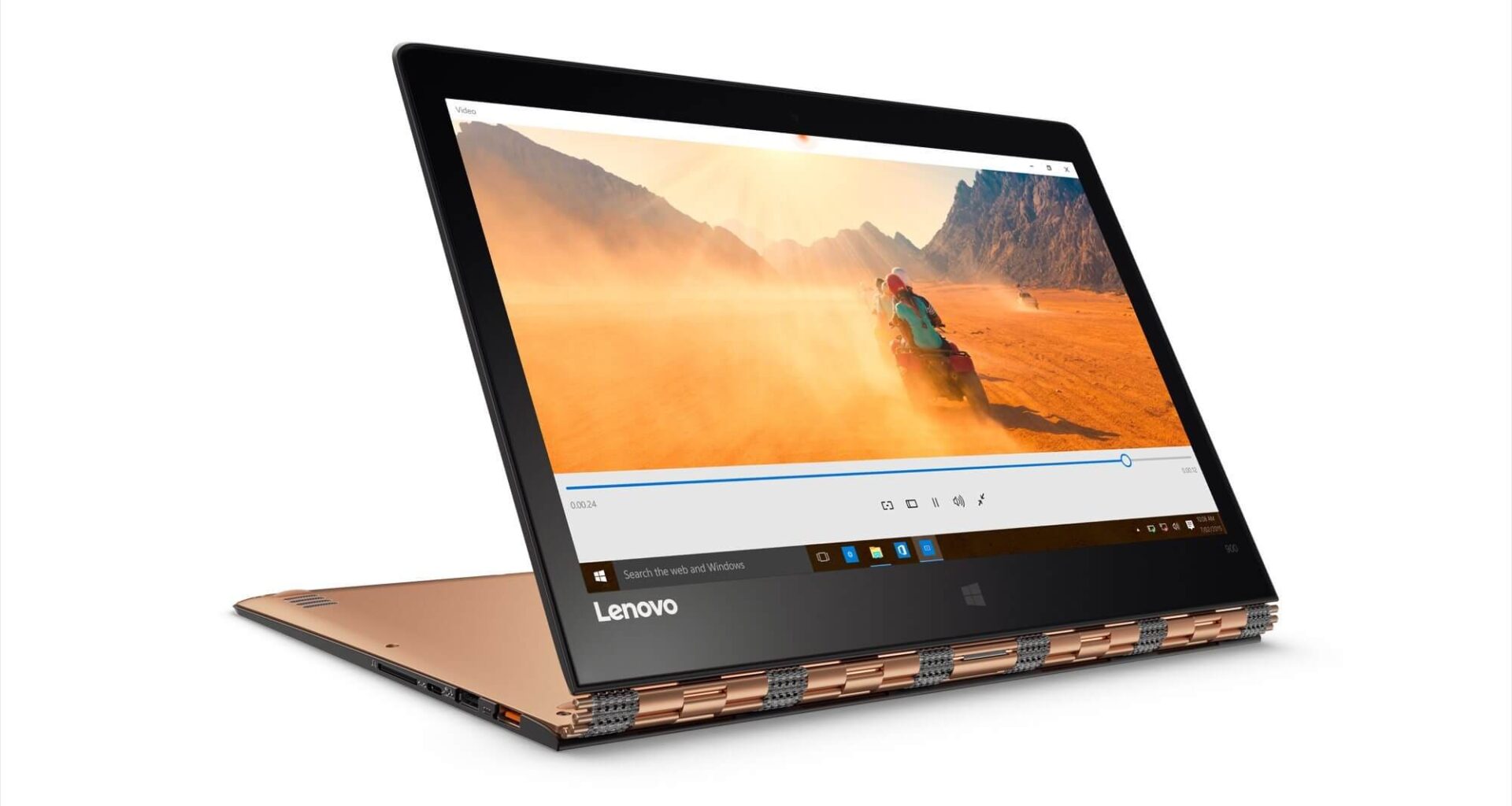 Yoga 900 showing watchband hinge screen in stand mode champagne gold