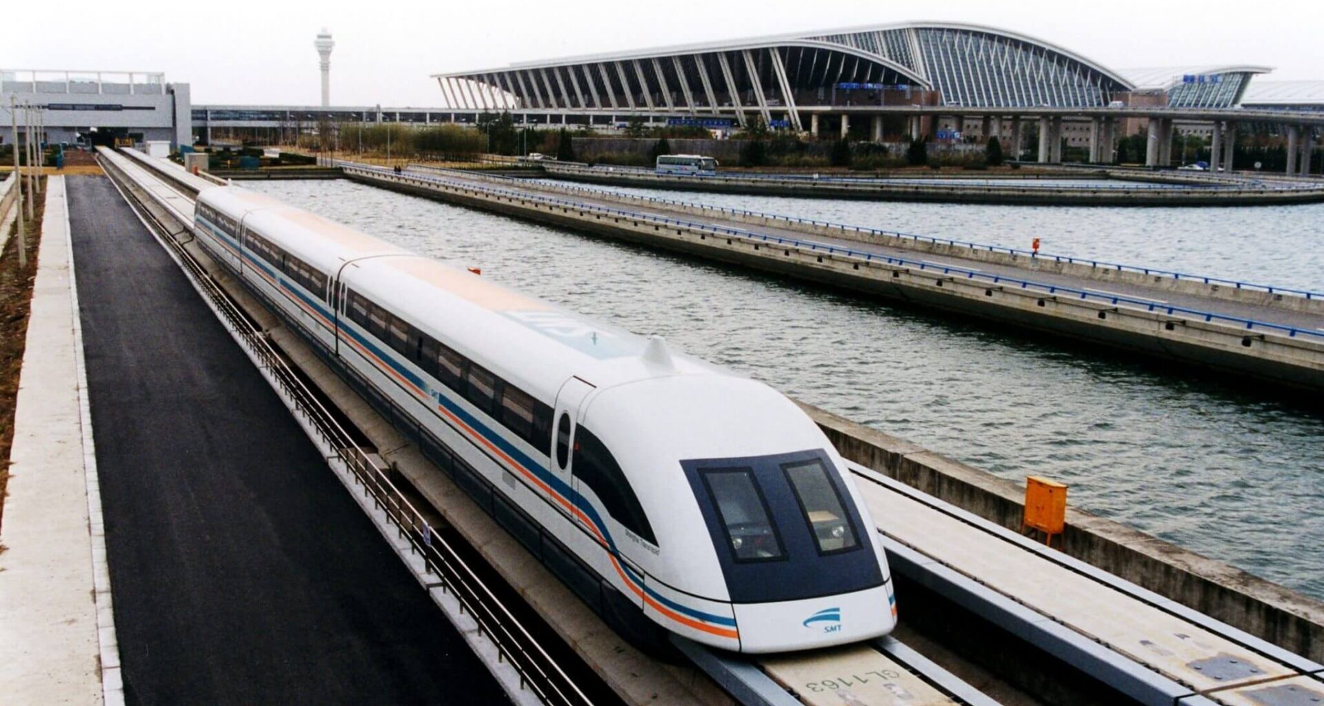 A maglev train coming out pudong international airport shanghai