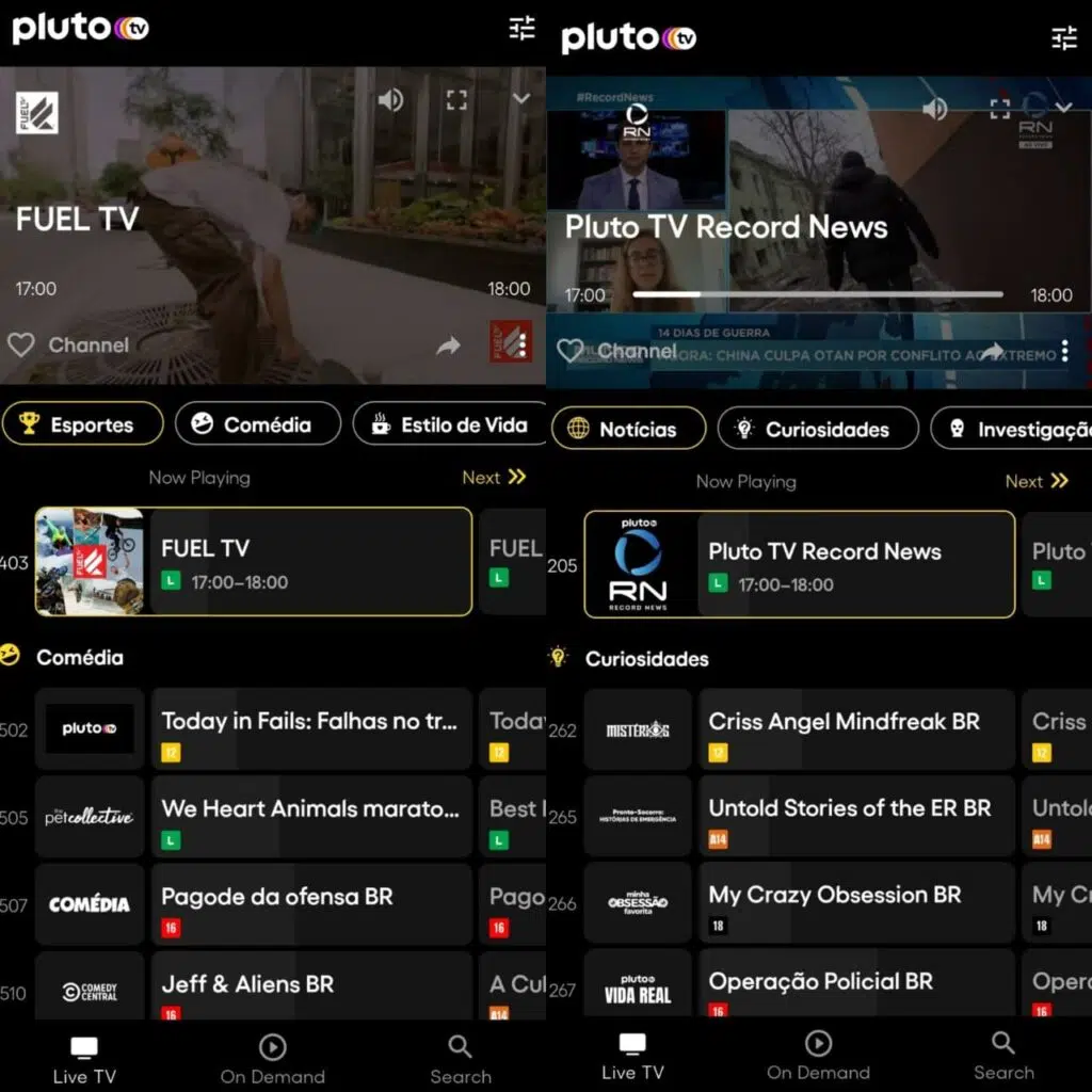 Globo, band, record, sbt: las 25 mejores apps de tv para ver en tu smartphone Captura de pantalla de la aplicación Plutón TV