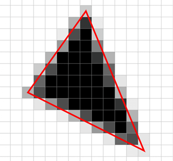 Triângulo em forma de pixels mostrando a dificuldade de figuras e imagens serem renderizadas em dispositivos.