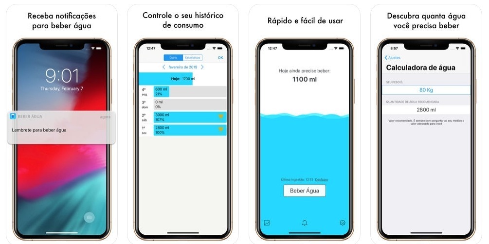 O aplicativo beber água ajuda a incentivar e lembrar os usuários a tomar água durante o dia