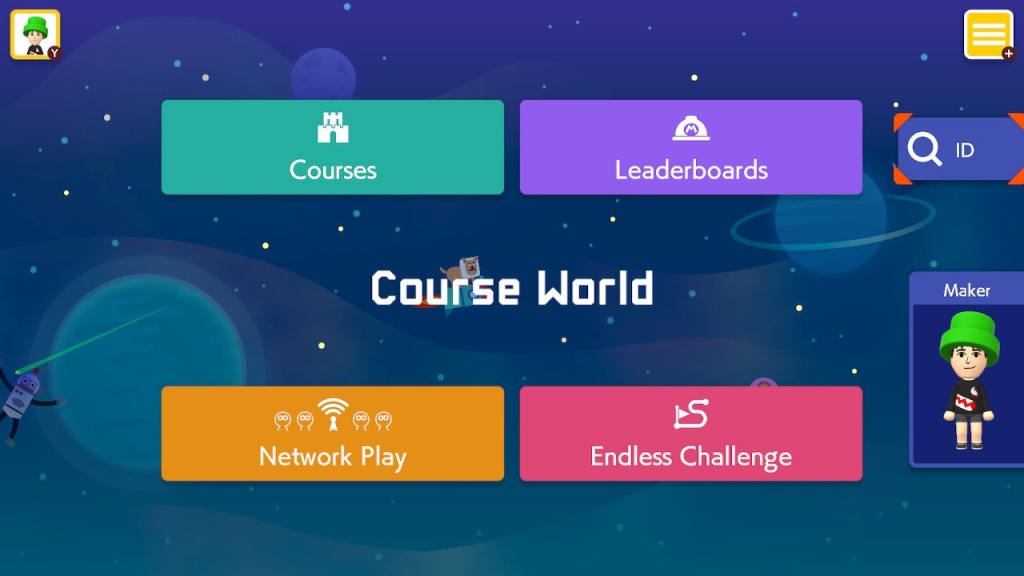 Captura de tela do modo course world, com a lista de opções disponíveis em super mario maker 2.