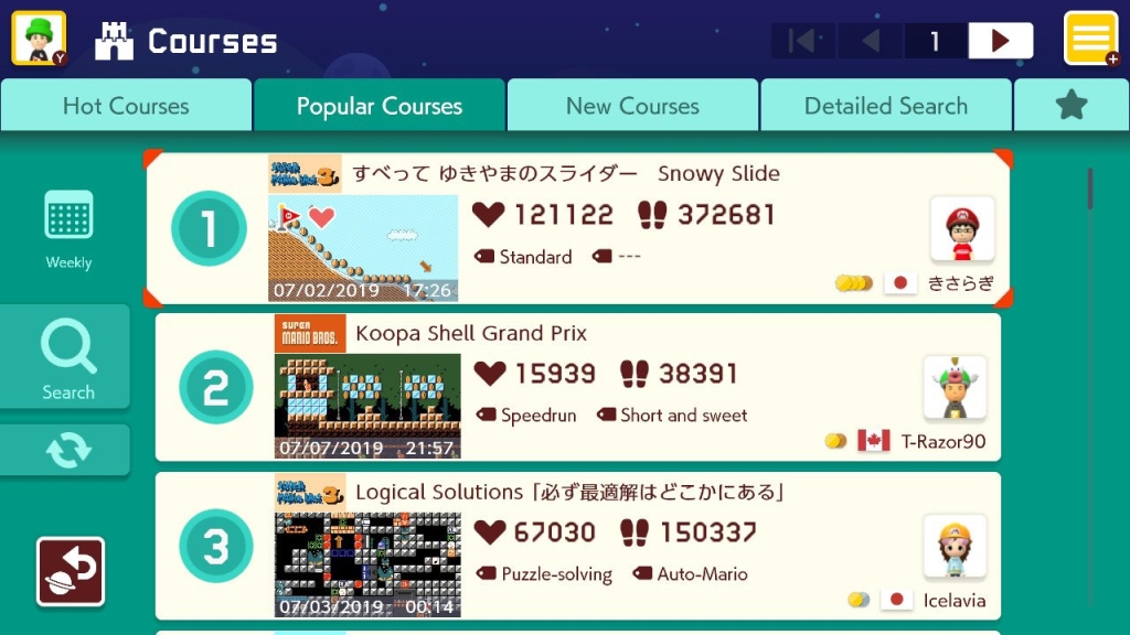 Captura de tela com uma lista de fases disponíveis para jogar em super mario maker 2