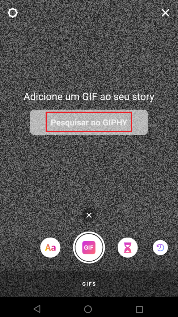 Captura de tela do app do instagram para android exibindo a tela de pesquisa de gifs.