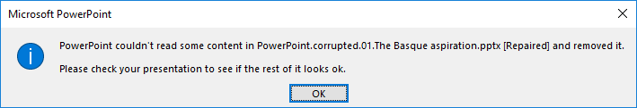 Tradução: "o powerpoint não conseguiu ler algum conteúdo em xxx. Por favor, verifique o erro e remova-o. Após a verificação, cheque sua apresentação para ver se o restante está ok"
