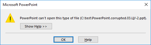 Tradução: "o microsoft powerpoint não pode abrir este arquivo"