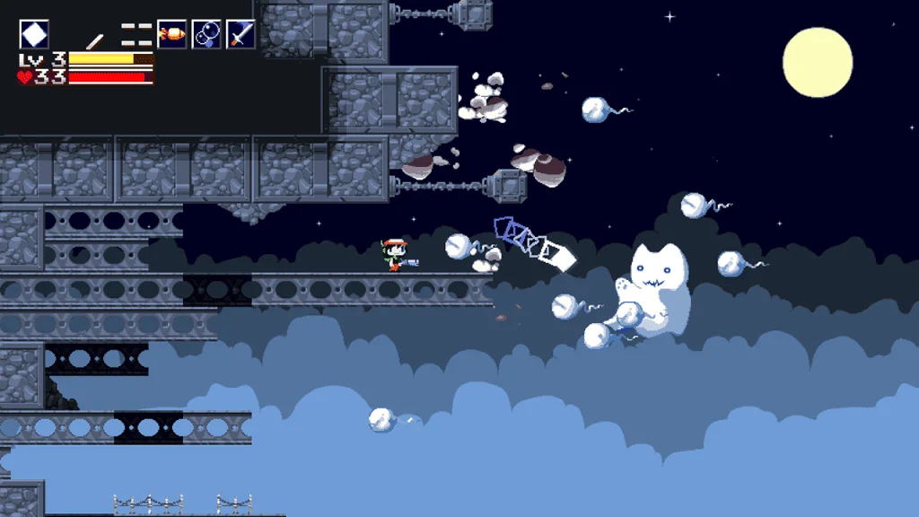 Confira os 25 melhores games indies que você precisa jogar Tela de cave story em que o personagem quote enfrenta vários inimigos.