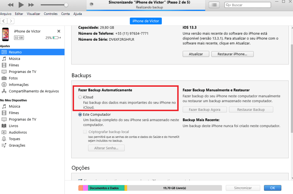 Como fazer upload de imagens do icloud no windows Perceba a parte "fazer backup automaticamente" com o icloud. Você também pode fazer manualmente como visto no lado direito ao apertar em "fazer backup agora"