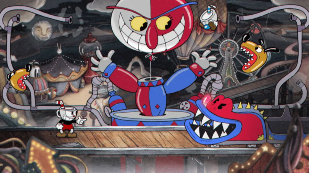 Confira os 25 melhores games indies que você precisa jogar Tela de cuphead com um cenário cheio de bonecos ameaçadores em um parque de diversões