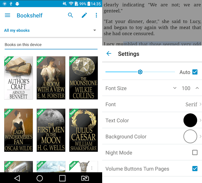 15 melhores aplicativos android para um novo smartphone A imagem mostra duas telas do app. A primeira com os livros gravados no celular e a segunda com uma configuração do texto para leitura.
