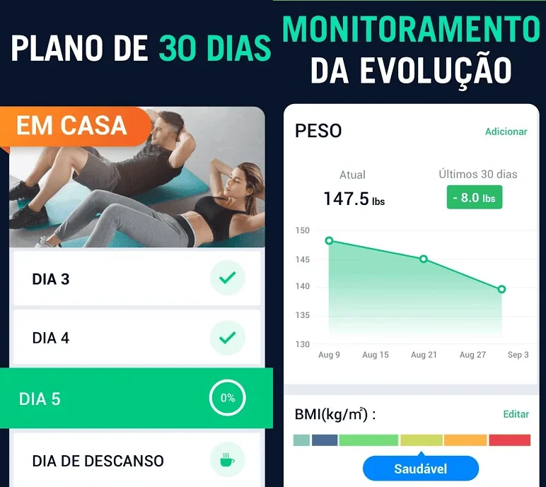 15 melhores aplicativos android para um novo smartphone Duas telas do app: uma com o controle de exercício por dia e outra mostrando perda de peso do usuário em 30 dias.