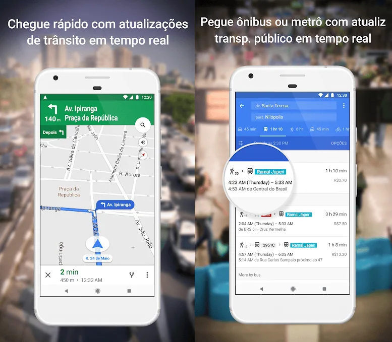 15 melhores aplicativos android para um novo smartphone Duas reproduções de tela. À esquerda, gps com carro. À direita, serviço com horários de ônibus.