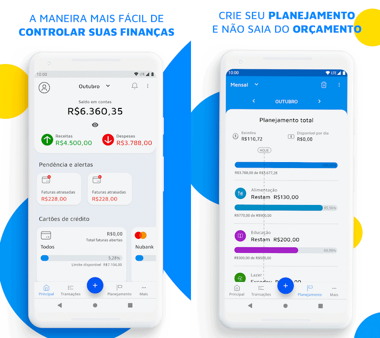 15 melhores aplicativos android para um novo smartphone Dois exemplos de tela do mobills: um com saldo total e principais gastos. Outro com tela de orçamento por setores, como edução e alimentação.