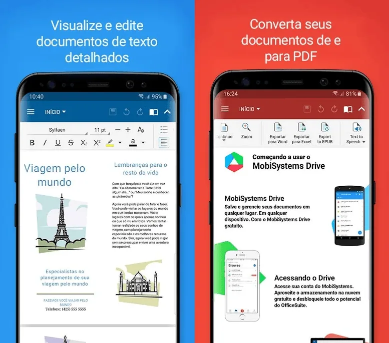 15 melhores aplicativos android para um novo smartphone Dois exemplos de tela. À esquerda, visualização de texto escrito. À direita, conversão de documento para formato pdf.