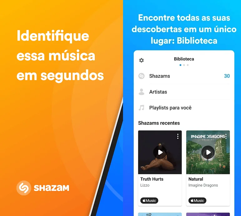 15 melhores aplicativos android para um novo smartphone Exibição da tela da área de biblioteca do shazam, com as últimas músicas tocadas, canções descobertas e outros atrativos.