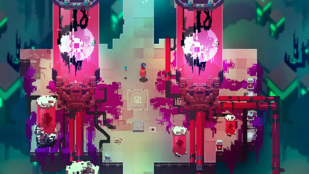 Confira os 25 melhores games indies que você precisa jogar Tela de hyper light drifter com personagem caminhando entre máquinas
