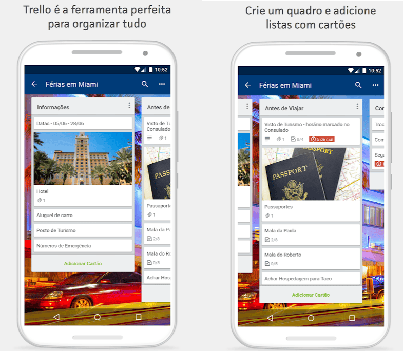 15 melhores aplicativos android para um novo smartphone Duas telas do trello mostrando diferentes quadradinhos com textos dentro dessse app pra android