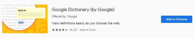 Trecho da área do google dictionary na chrome web store
