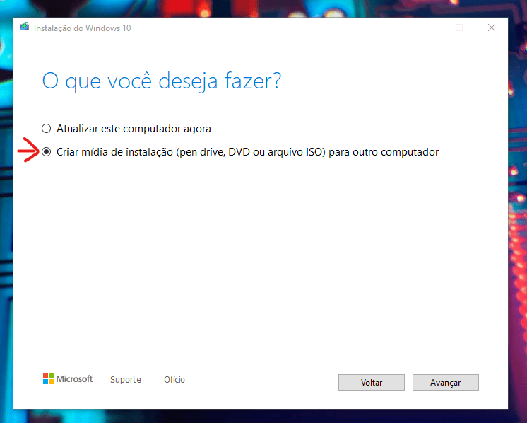 Aprenda 3 métodos para criar disco de instalação do windows 10 Janela de computador com seleção de atualização ou criação de mídia