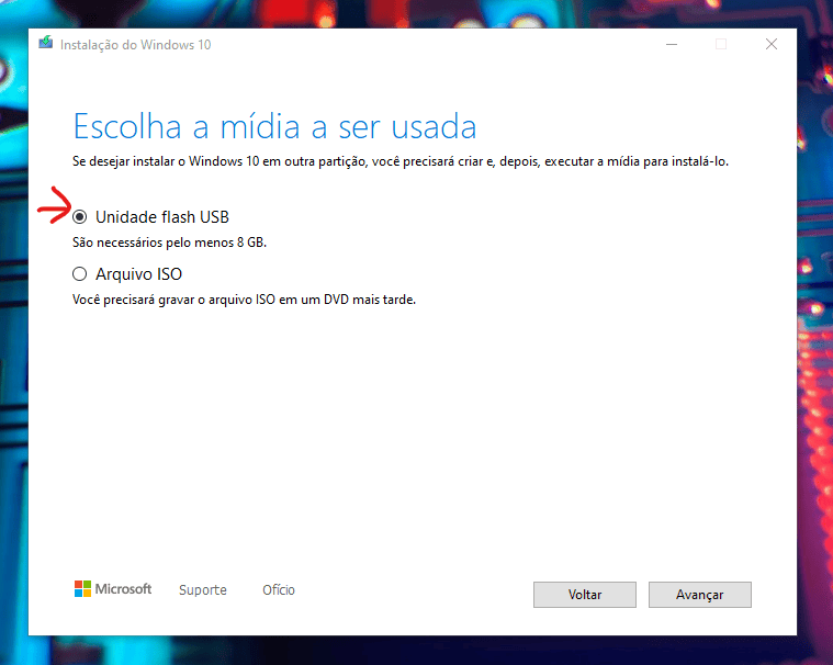 Aprenda 3 métodos para criar disco de instalação do windows 10 Janela com seleção de mídia para instalação
