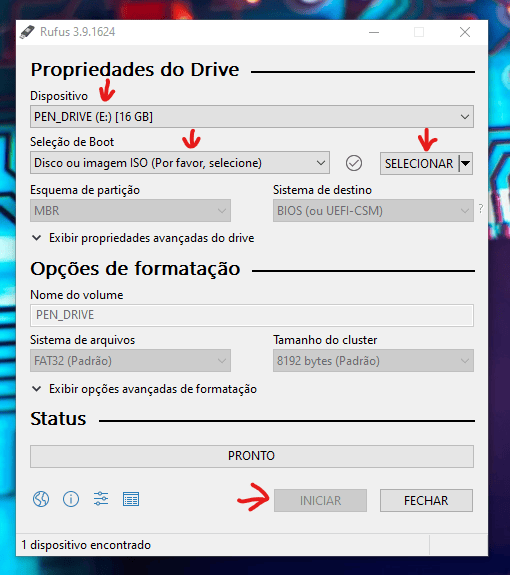 Aprenda 3 métodos para criar disco de instalação do windows 10 Tela inicial do rufus com as opções padrões selecionadas