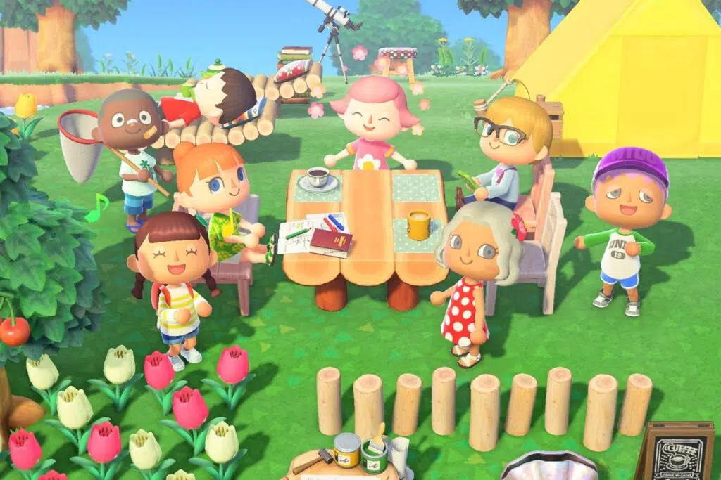 Review: animal crossing new horizons é um convite para relaxar e se divertir Vários personagens em torno de uma mesa conversando e se divertindo