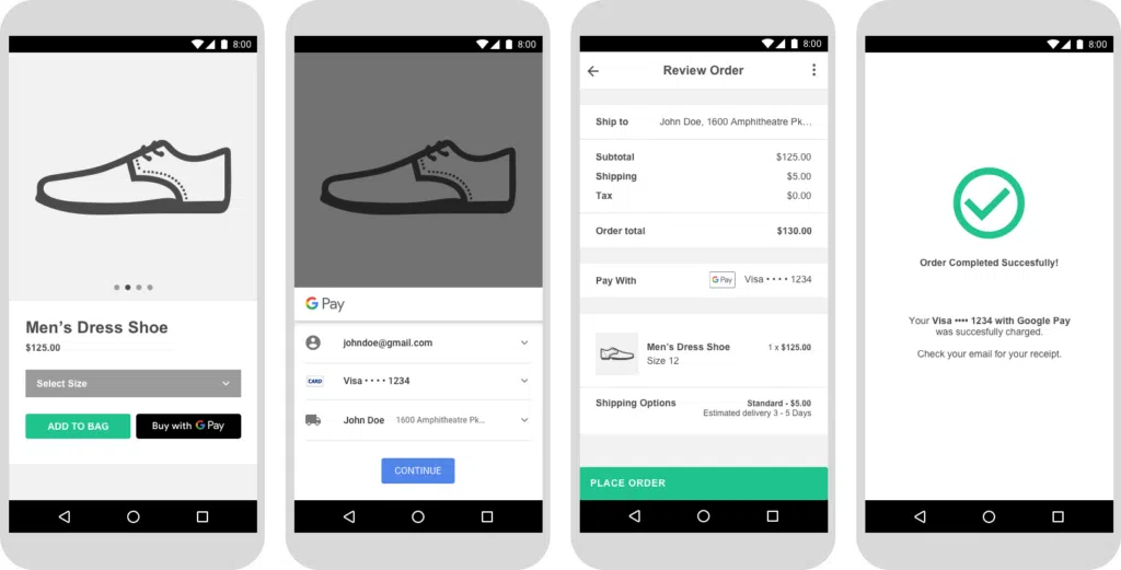 Confira como adicionar um cartão de crédito no google pay Calçado sendo comprado em app usando o google pay