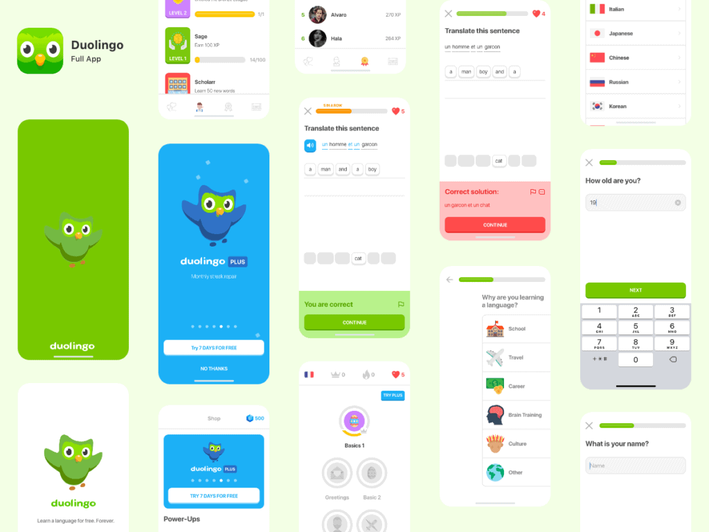Os melhores apps para iphone (ios) em 2023 Várias telas mostrando diferentes áreas do duolingo