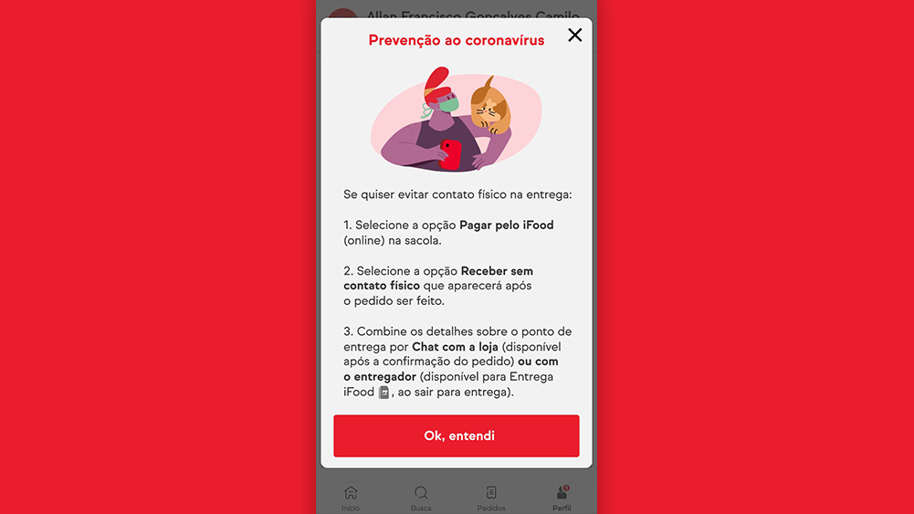 Ifood print do aplicativo mostra desenho de mulher com máscara junto a gato, com celular na mão, e mensagens sobre instruções contra coronavírus