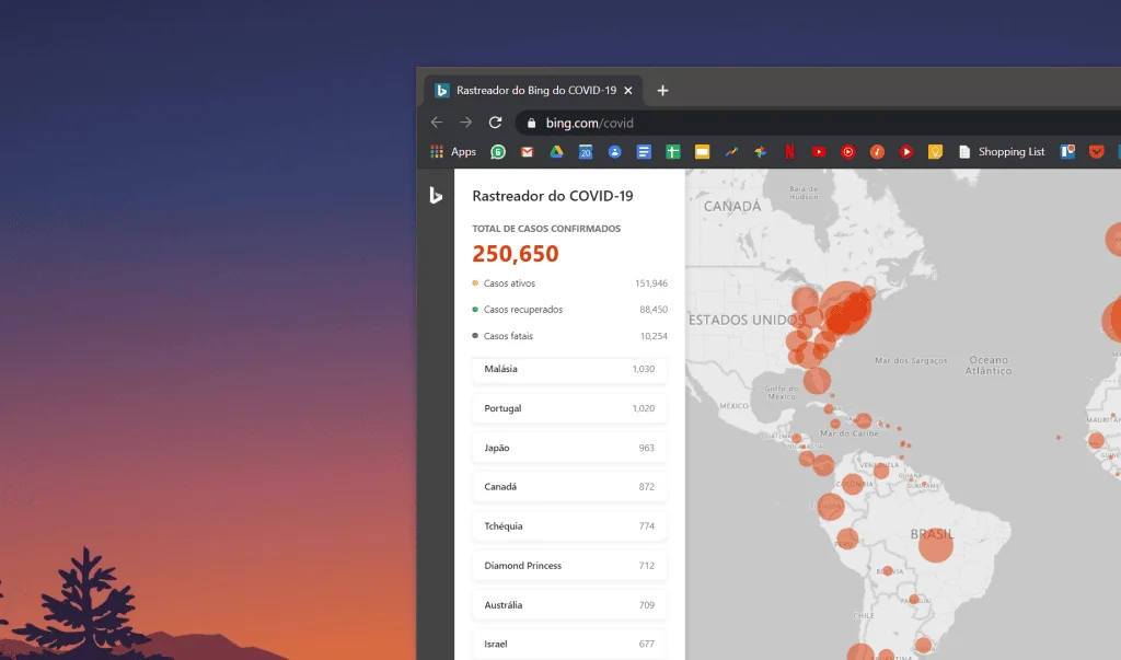 Mapa da microsoft mostra avanço do coronavírus covid-19 pelo mundo ao vivo Número de casos no mundo segundo o bing
