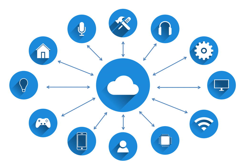 Ilustração que mostra serviço de nuvem completo e diversos componentes de tecnologia e serviço