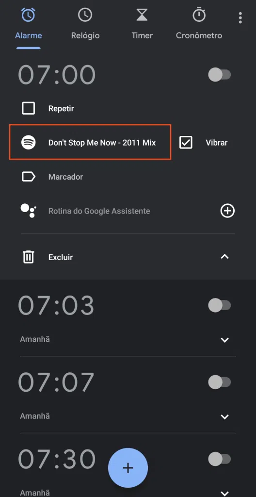 Acorde com uma música do spotify usando o despertador no android Tela do app relógio do google