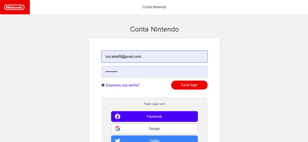 Como ativar a autenticação em duas etapas de sua conta nintendo Tela de login da conta nintendo