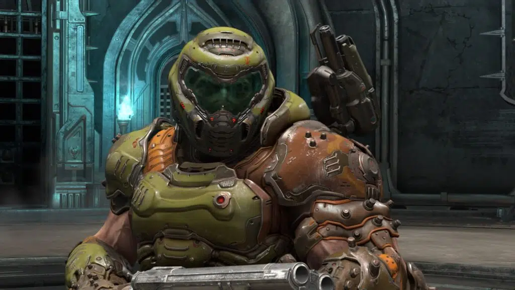 Doom eternal: guia de troféus e conquistas Imagem do doom slayer segurando a arma super shotgun.
