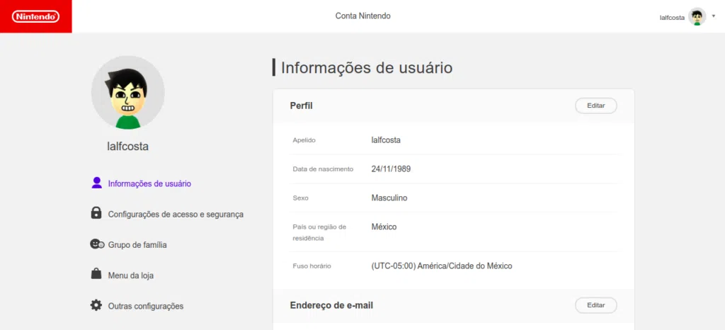 Como ativar a autenticação em duas etapas de sua conta nintendo Tela principal da conta nintendo
