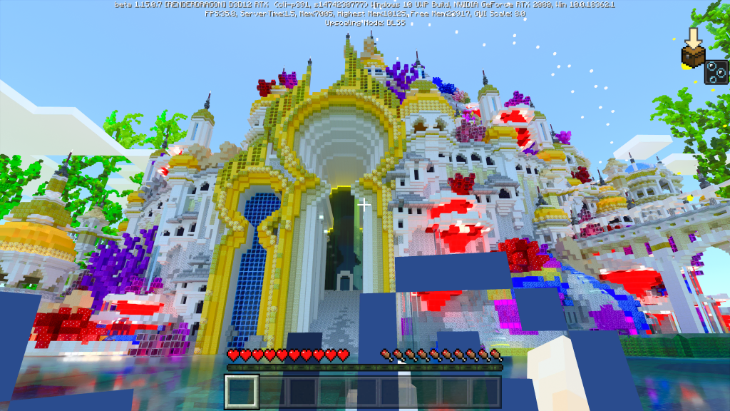 Review: minecraft rtx (pc) é uma fantástica experiência visual Cidade com templos com cores e luzes em minecraft rtx