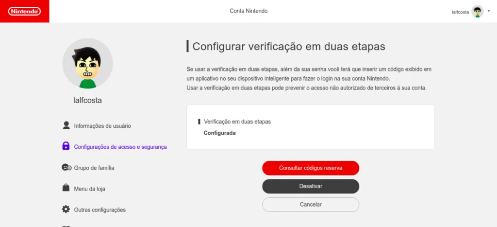 Como ativar a autenticação em duas etapas de sua conta nintendo Tela da verificação em duas etapas