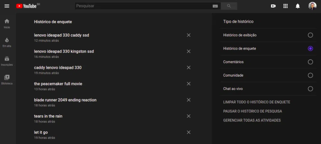 Como limpar seu histórico do youtube Limpando todo o histórico de buscas no browser
