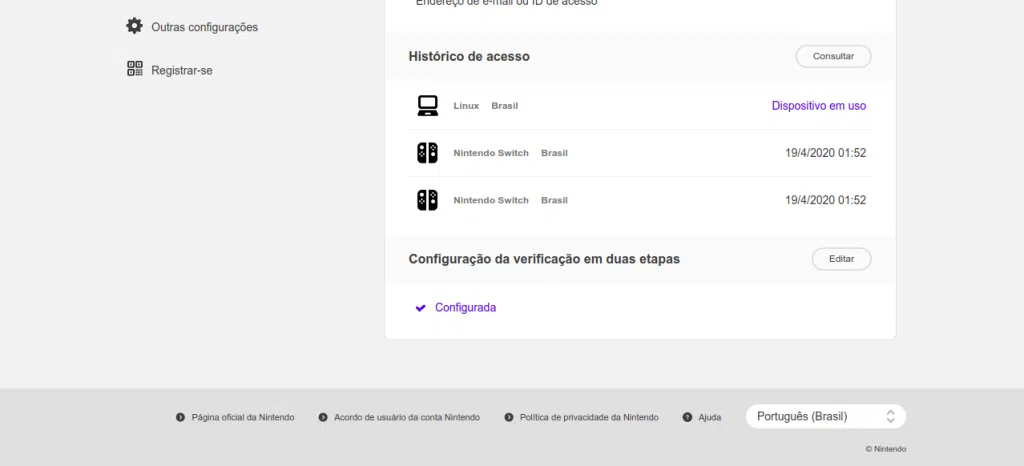 Como ativar a autenticação em duas etapas de sua conta nintendo Tela de segurança