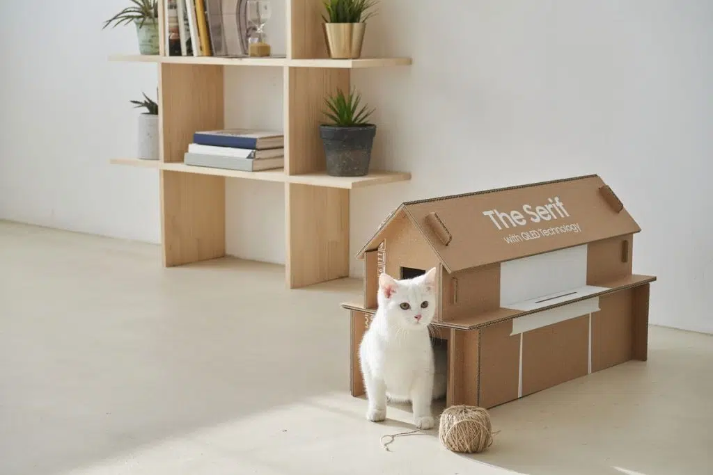 El empaque de un televisor Samsung puede convertirse en un hogar para tu gato Gato blanco saliendo de casa hecho con samsung serif tv box. Al lado, un ovillo de lana.