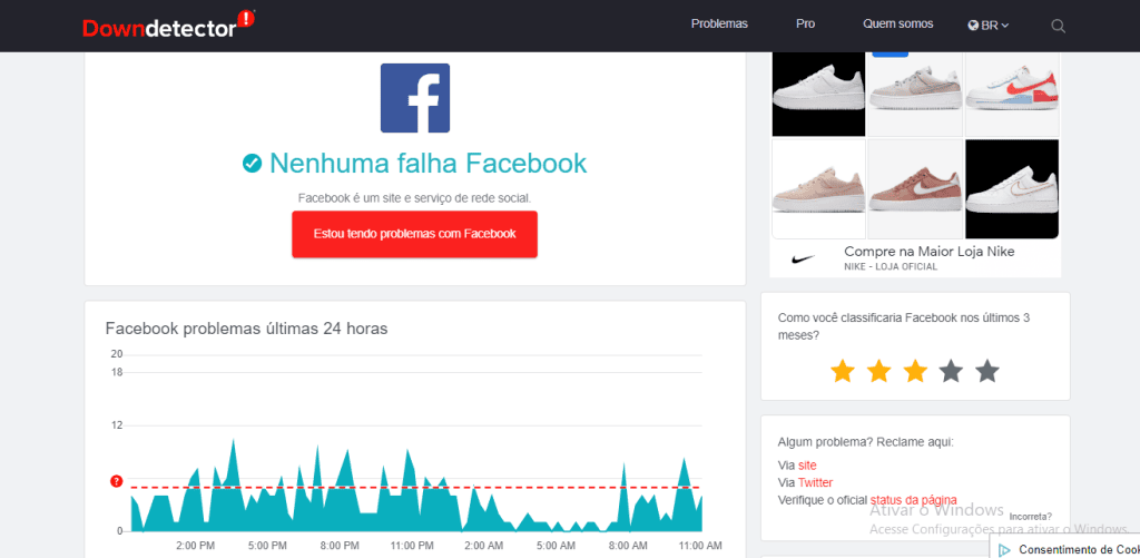 Facebook caiu? Saiba se a rede social está fora do ar ou com problemas Página do downdetector, em que é possível ver se o facebook caiu