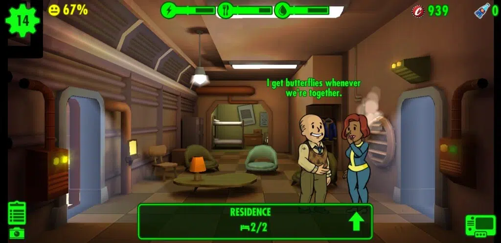 Testamos e recomendamos os melhores jogos grátis de android da década Fallout shelter em destaque para módulo de residência, com dois dwellers em flerte