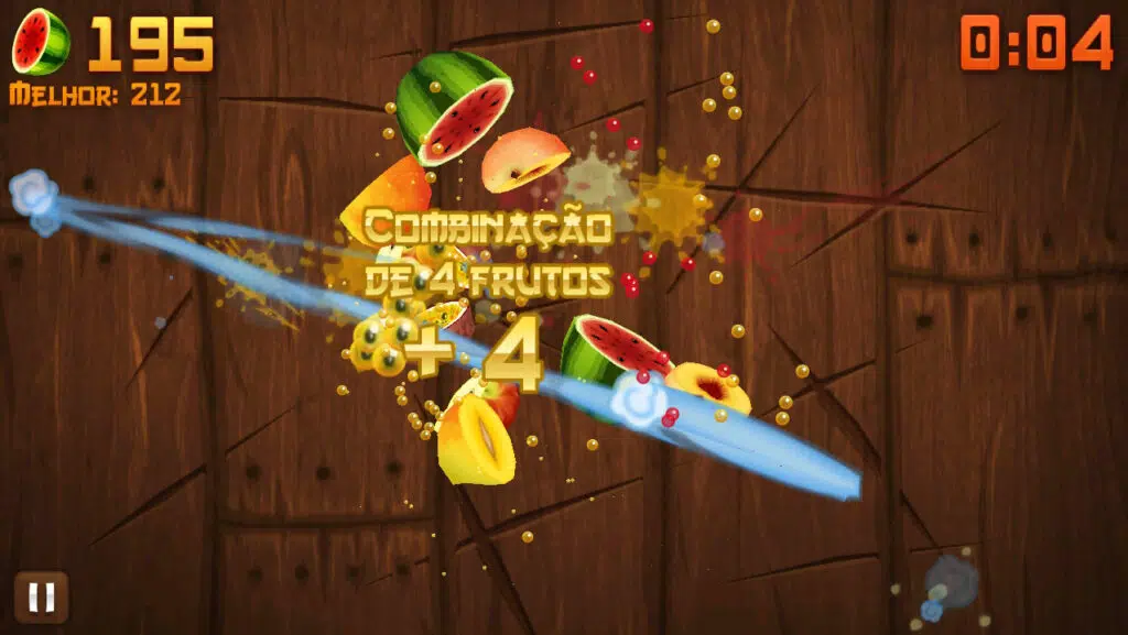 Testamos e recomendamos os melhores jogos grátis de android da década Fruit ninja cortando frutas com combo de 4 na tela