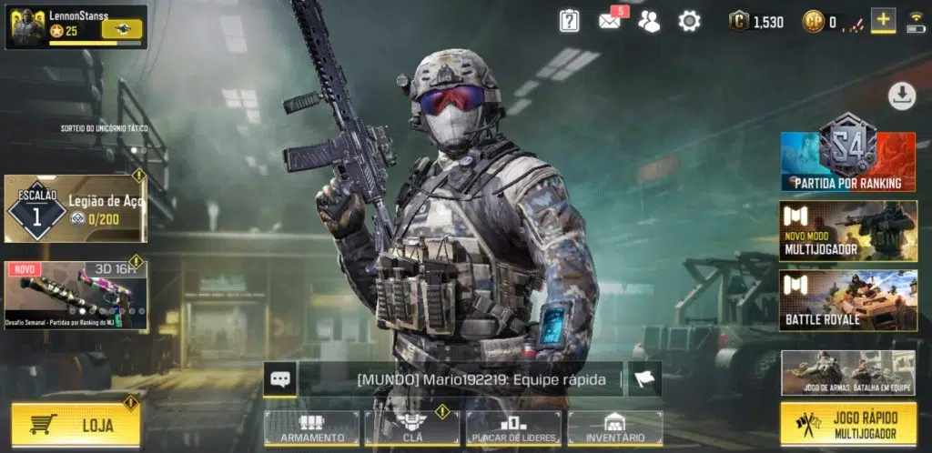 Testamos e recomendamos os melhores jogos grátis de android da década Call of duty mobile no menu principal, onde pode-se ver modos de jogo, nível do escalão, nível do jogador e áreas de customização