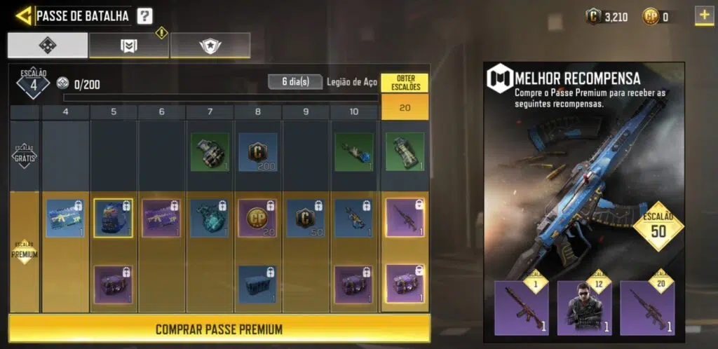 Testamos e recomendamos os melhores jogos grátis de android da década Call of duty mobile na área do passe de batalha, mostrando progresso até nível 4