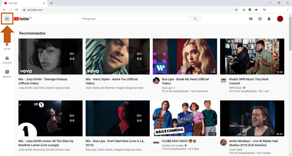 Aprenda a limpar histórico de vídeos assistidos e pesquisa do youtube Abrindo o site pelo desktop