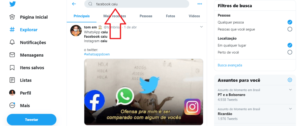 Facebook caiu? Saiba se a rede social está fora do ar ou com problemas Página do twitter para pesquisar se o facebook caiu
