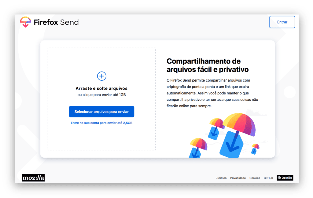 Melhores sites e apps para compartilhar arquivos e fotos Captura de imagem da página inicial para envio de arquivos do firefox send