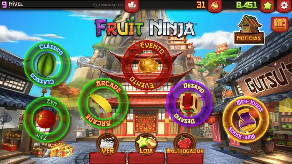 Testamos e recomendamos os melhores jogos grátis de android da década Fruit ninja tela inicial do jogo, mostrando todos os diferentes modos jogáveis
