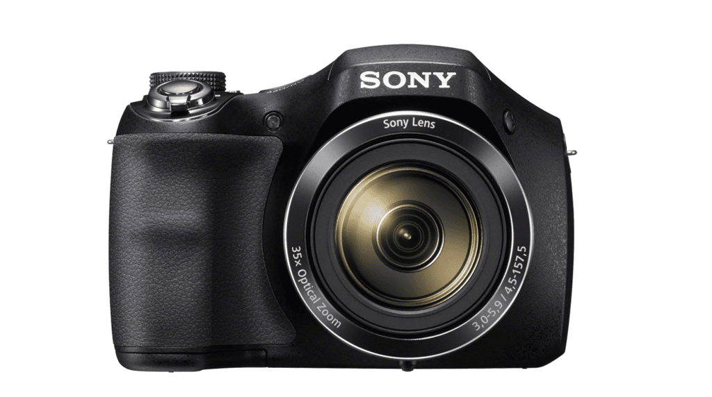 Listamos as 16 melhores câmeras fotográficas para você tirar fotos e gravar vídeos incríveis Sony cyber shot h300 é uma das câmeras fotográficas em frente a um fundo branco